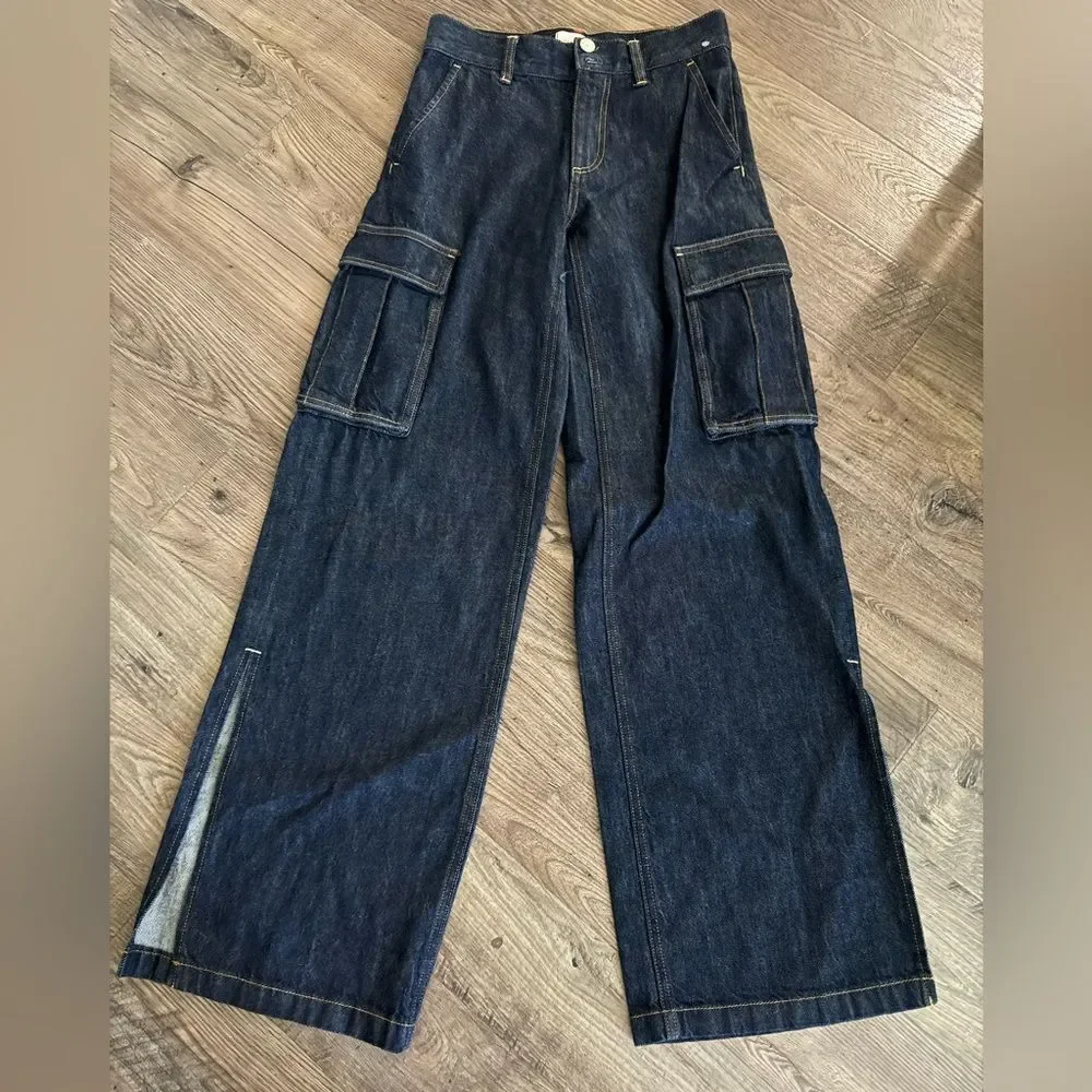alice + olivia Kal Baggy Cargo Side Slit Dark Rinse Jean